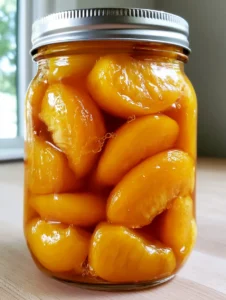 Handheld photo of a quart-sized mason jar with Canning Peaches packed in thin, light-amber honey syrup.