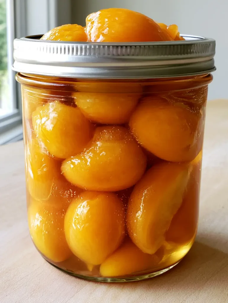 Canning Peaches in Honey Syrup: The Ultimate Guide to Preserving Summer Gold 1 Tightly packed peeled and halved peaches glistening in a clear glass jar with a silver canning lid.