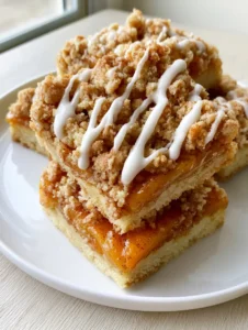 Close-up high-angle shot of square peach pie crumble bars stacked on a white plate, showing the translucent cinnamon-flecked amber syrup and toasted streusel. (Peach Pie Crumble Bars)