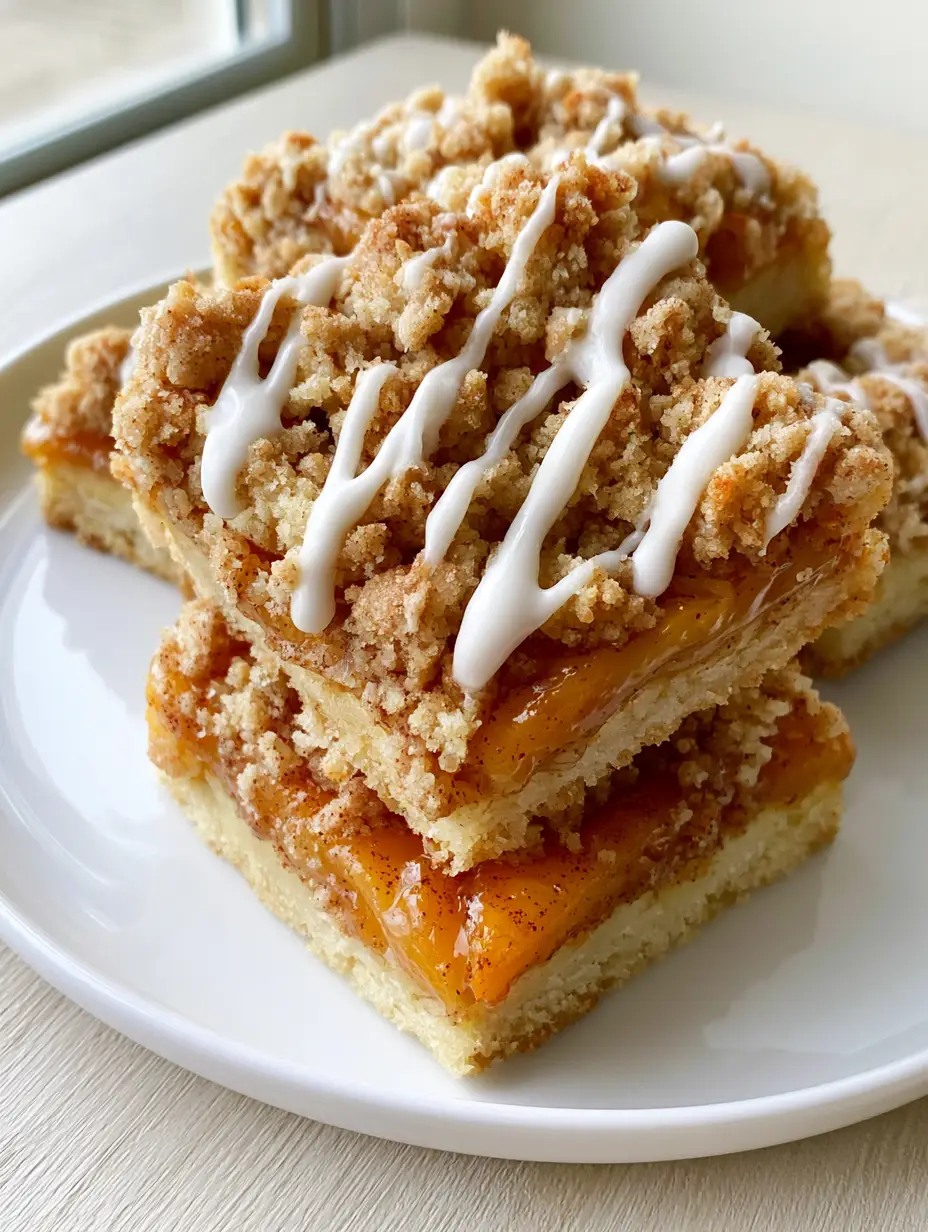 Close-up high-angle shot of square peach pie crumble bars stacked on a white plate, showing the translucent cinnamon-flecked amber syrup and toasted streusel. (Peach Pie Crumble Bars)