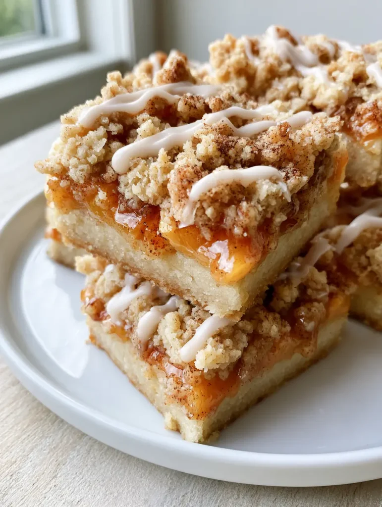 A side view of the peach bars highlighting the thick pale golden-brown shortbread crust and chunky sandy streusel. (Peach Pie Crumble Bars)