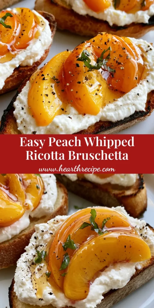 A handheld smartphone photo of Peach Bruschetta on a white ceramic plate, featuring charred baguette, whipped ricotta, orange peaches, and honey drizzle.