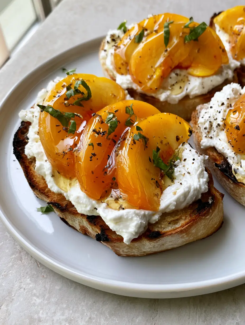 Close-up of vibrant orange peach slices on a bed of thick white whipped ricotta over toasted baguette. (Peach Bruschetta)