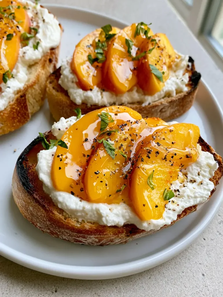 Several pieces of Peach Bruschetta arranged on a white plate with amber honey ribbons and tiny basil leaves.