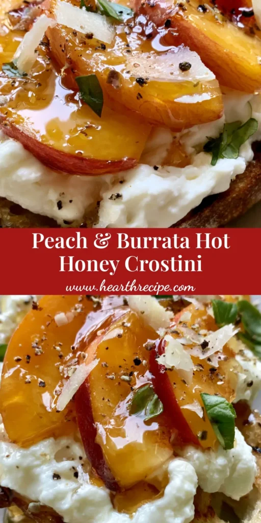 Close up of Peach Burrata Crostini with hot honey drizzle and basil on a neutral plate. (Peach Burrata Crostini)