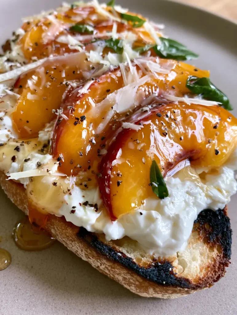 Top down view of finished Peach Burrata Crostini with parmesan shavings. (Peach Burrata Crostini)