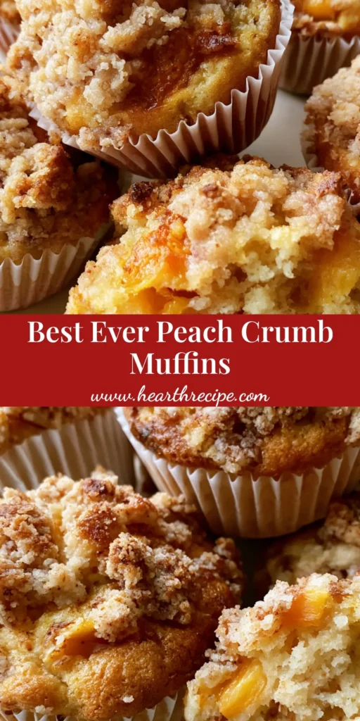 Close-up of golden-brown Peach Crumb Muffins with chunky streusel and fresh peach pieces on an off-white plate.