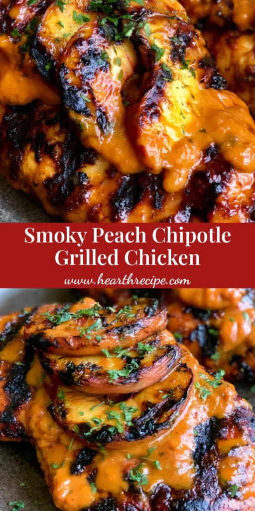 A top-down view of Peach Chipotle Grilled Chicken on a rustic plate, featuring dark grill marks, a vibrant orange glaze, and grilled peach slices.