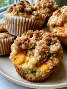 A high-angle shot of fresh Peach Crumb Muffins in white paper liners with toasted tan streusel.
