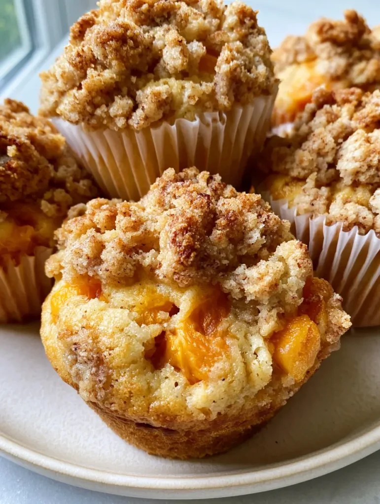 One peach crumb muffin broken open to reveal a steaming soft interior and juicy peach pieces.