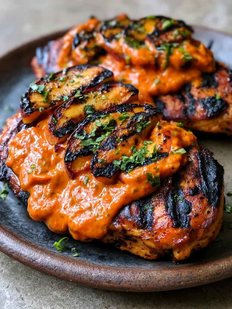 Close up of the vibrant orange-hued peach chipotle sauce on grilled chicken with cilantro garnish.