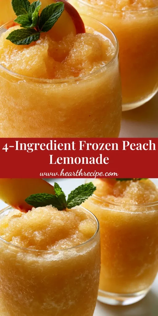 Two clear glass tumblers of Frozen Peach Lemonade with a thick frosty texture, garnished with fresh peach wedges and mint on a light surface. (Frozen Peach Lemonade)