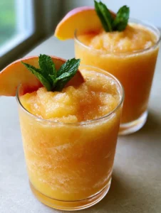 Close up handheld photo of Frozen Peach Lemonade showing vibrant pale orange color and fine ice crystals. (Frozen Peach Lemonade)
