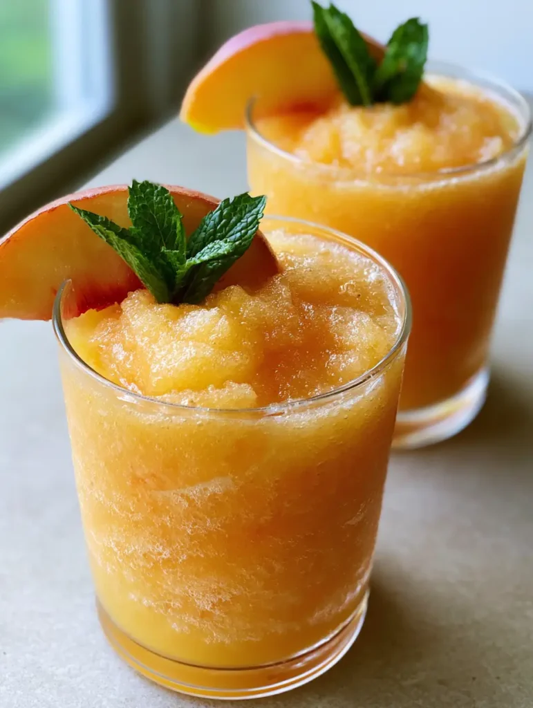 Close up handheld photo of Frozen Peach Lemonade showing vibrant pale orange color and fine ice crystals. (Frozen Peach Lemonade)