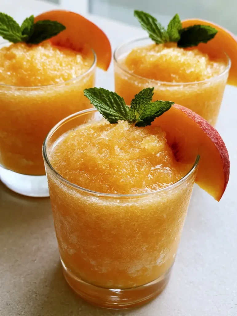 Two glasses of Frozen Peach Lemonade with condensation on the glass, natural light coming from a side window.