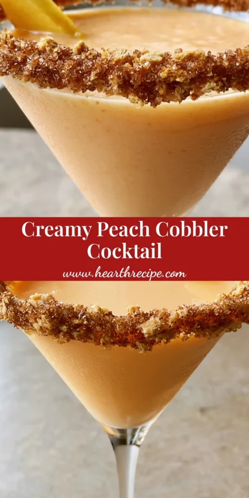 A handheld smartphone photo of a creamy Peach Cobbler Cocktail in a martini glass with a thick graham cracker rim and a fresh peach wedge.