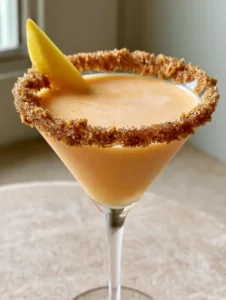 Close-up of a pale peach-colored cocktail liquid with a textured brown sugar and graham cracker rim in a martini glass.