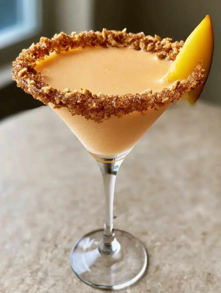 A Peach Cobbler Cocktail on a minimalist stone surface with soft morning light highlights and a fresh yellow peach garnish.
