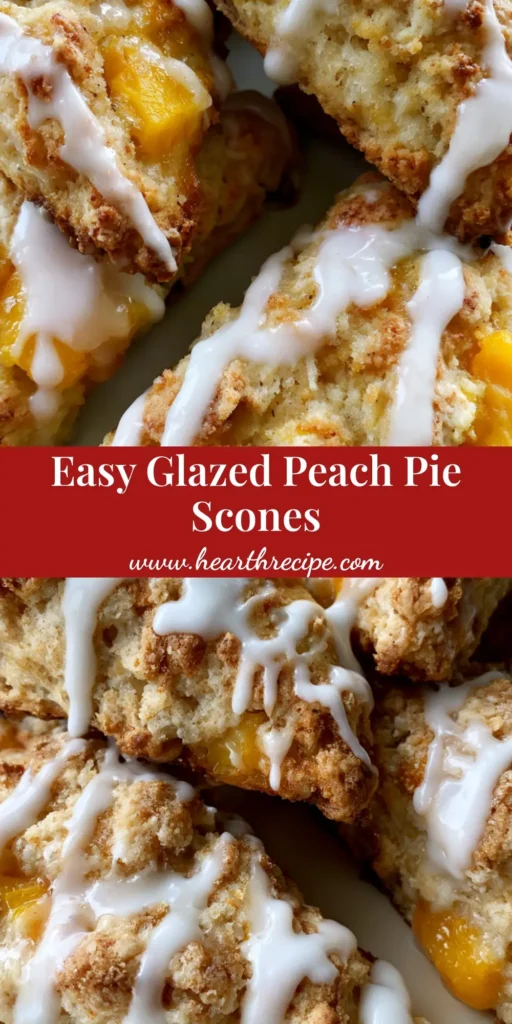 A cluster of golden-brown Peach Pie Scones topped with thick white vanilla glaze and filled with softened orange peach chunks.