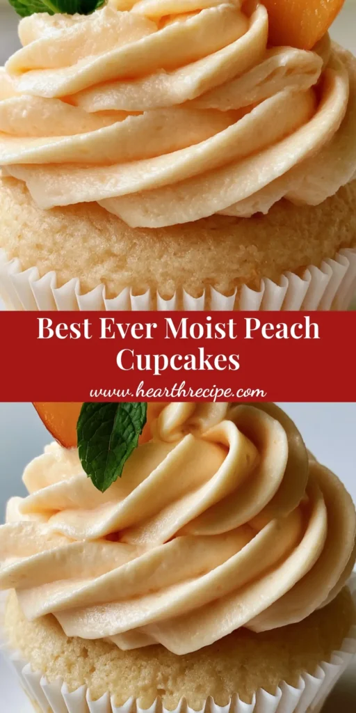 A handheld smartphone photo of a single peach cupcake in a white pleated liner with peach buttercream and a mint leaf garnish. (Peach Cupcakes Recipe)