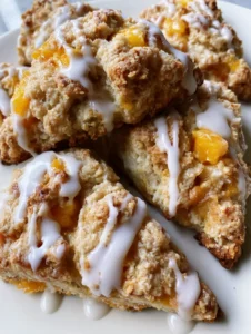 Top-down view of Peach Pie Scones showing the crumbly texture and cascading white glaze.