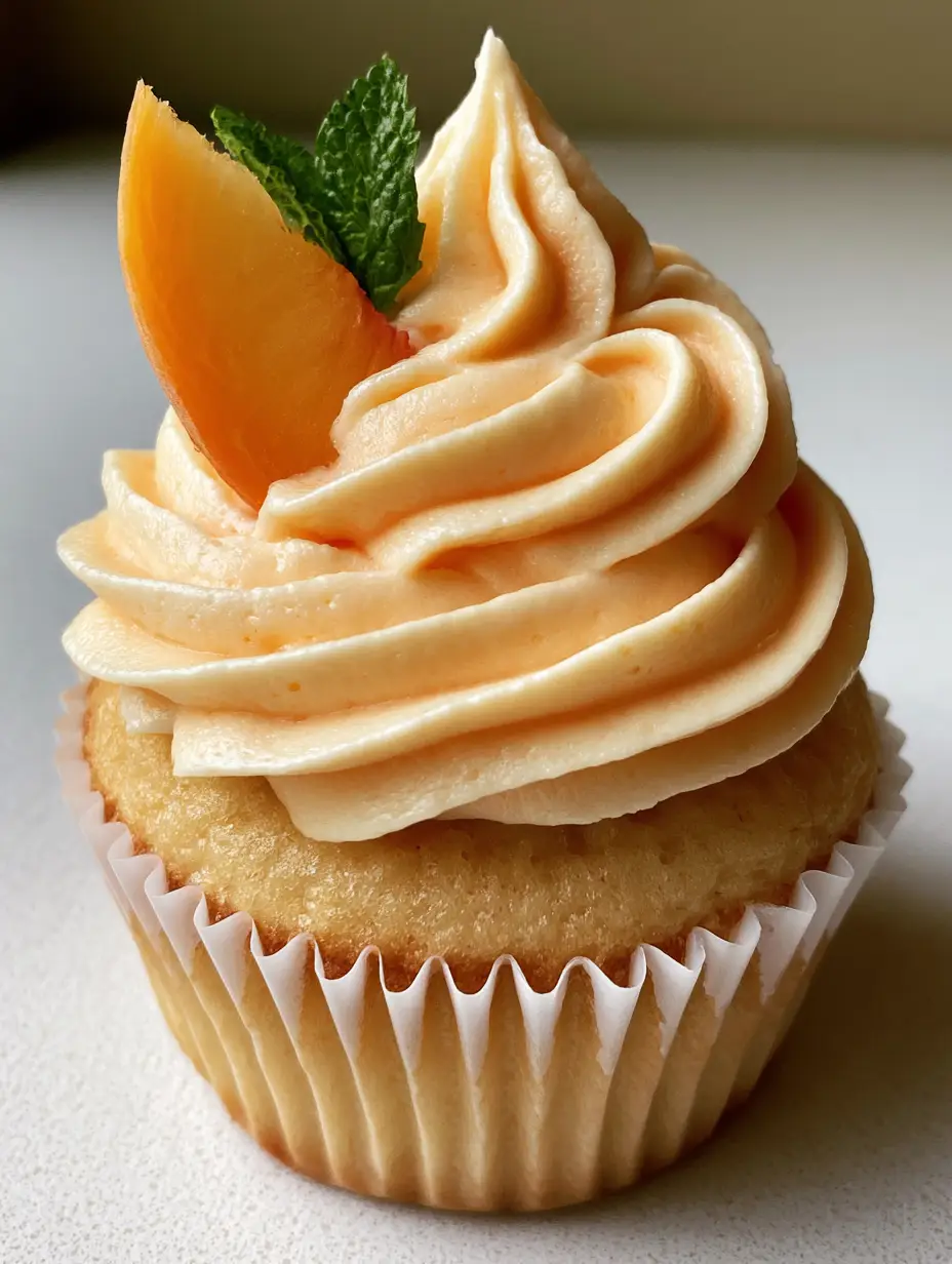 Close-up of a moist golden cupcake base with a tall swirl of peach-tinted buttercream. (Peach Cupcakes Recipe)
