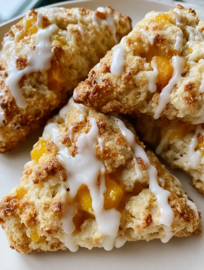 Close-up of triangular Peach Pie Scones with visible softened fruit pieces and moist flaky interior.