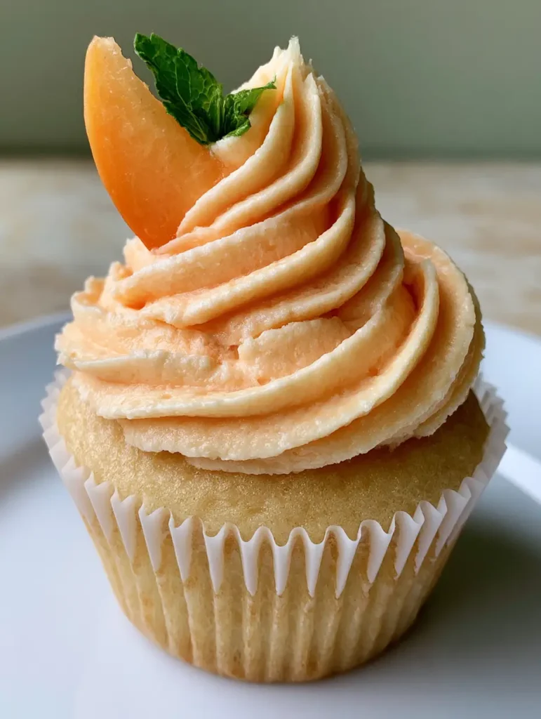 A peach cupcake on a neutral surface illuminated by soft natural daylight. (Peach Cupcakes Recipe)