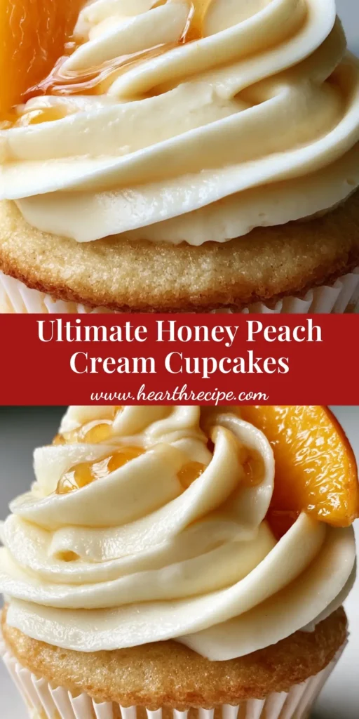 A single Honey Peach Cupcake with a tall ivory cream cheese frosting swirl, a fresh peach wedge, and amber honey drizzle on a neutral surface.