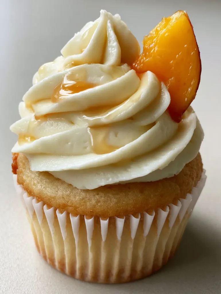Handheld smartphone photo of Honey Peach Cupcakes in a white pleated liner with amber honey dripping down.