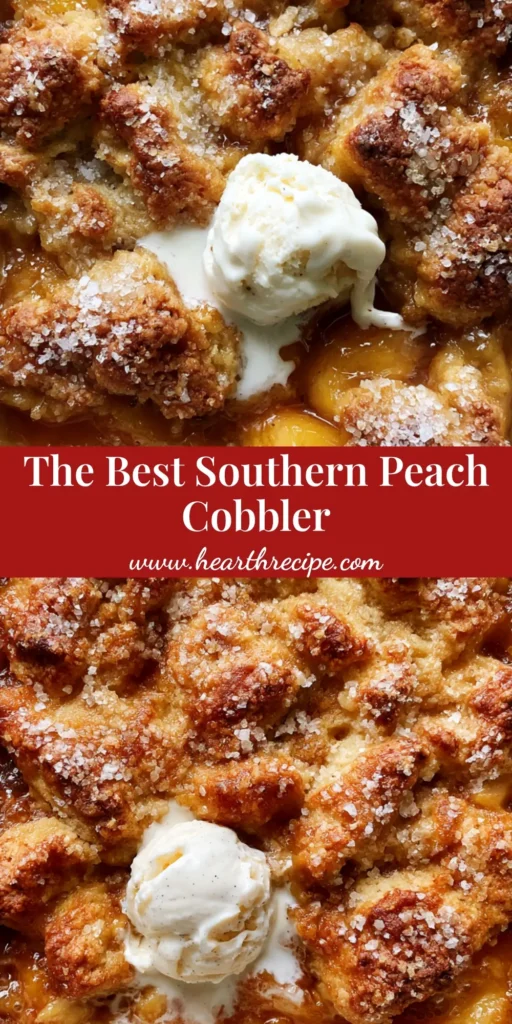 A square white ceramic dish filled with Southern Peach Cobbler featuring bubbling amber syrup and a golden biscuit topping. (Southern Peach Cobbler Recipe)