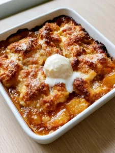 A handheld smartphone photo showing a freshly baked southern peach cobbler with a melting scoop of vanilla bean ice cream. (Southern Peach Cobbler Recipe)