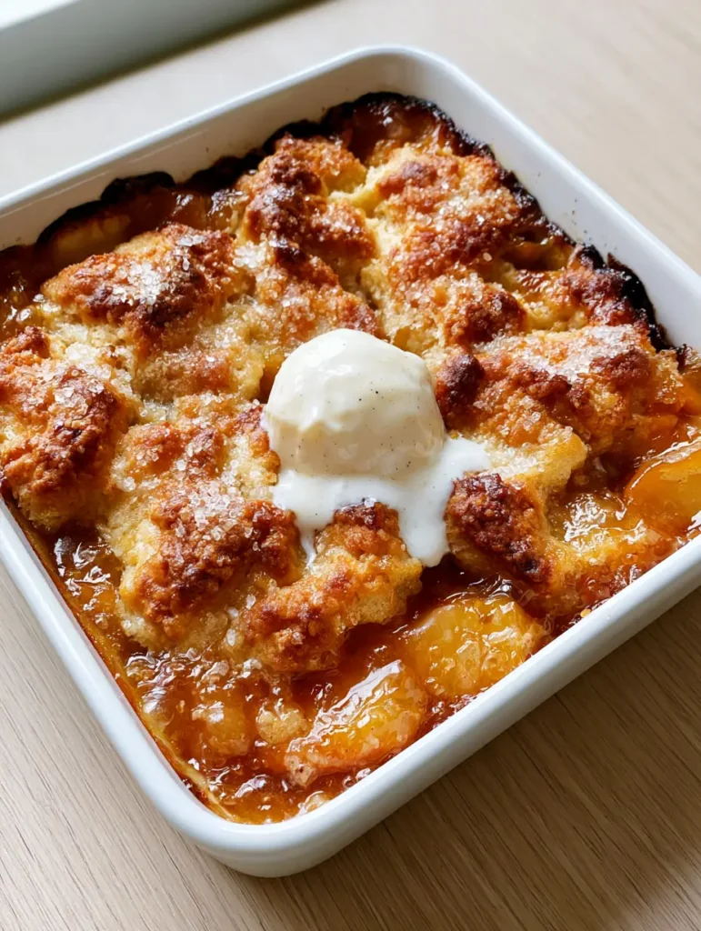 A handheld smartphone photo showing a freshly baked southern peach cobbler with a melting scoop of vanilla bean ice cream. (Southern Peach Cobbler Recipe)