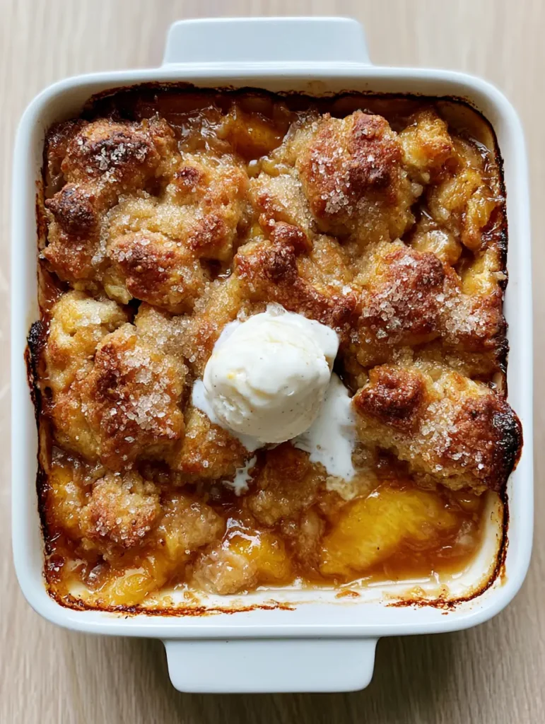 Close up of caramelized edges and softened peach slices in an amber syrup. (Southern Peach Cobbler Recipe)
