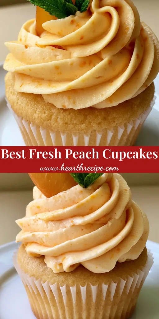 A single Peach Cupcake with a tall swirl of pale-orange frosting and a fresh peach slice on a white plate.