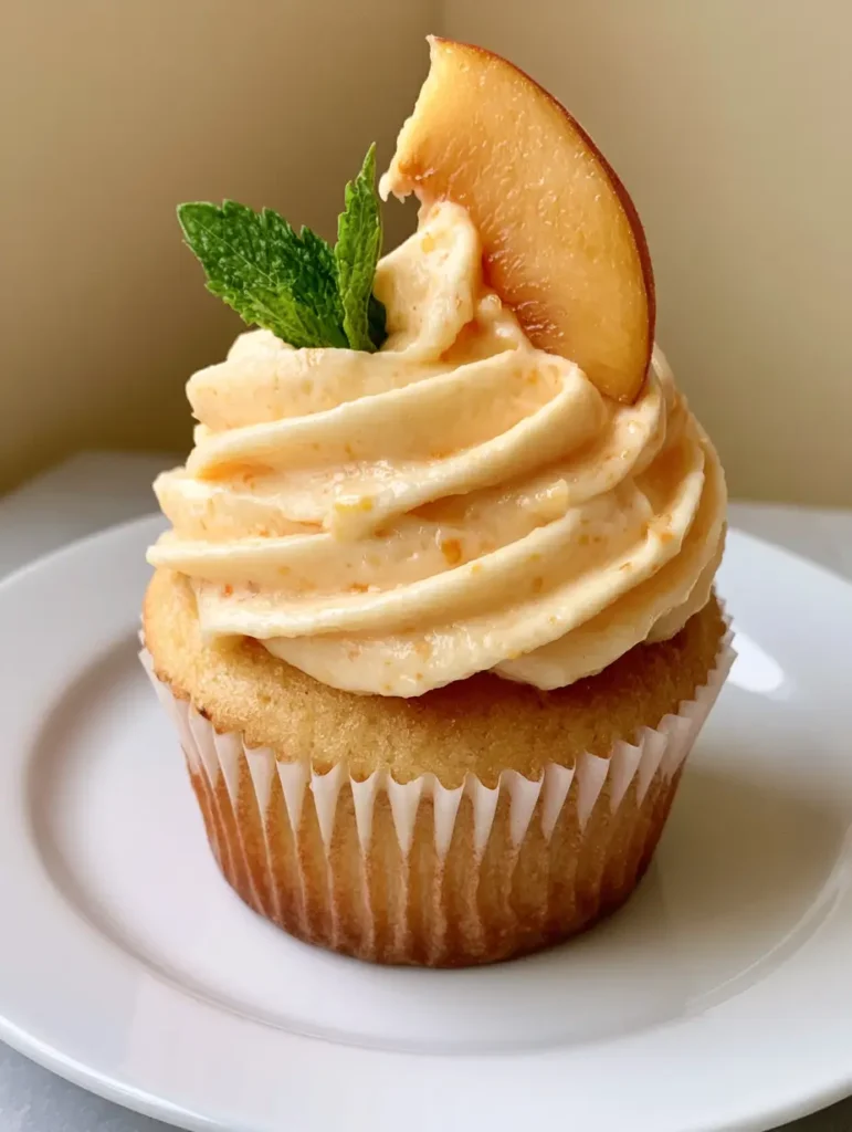 Close-up of Peach Cupcakes showing the golden-brown base and minute fruit flecks in the frosting.