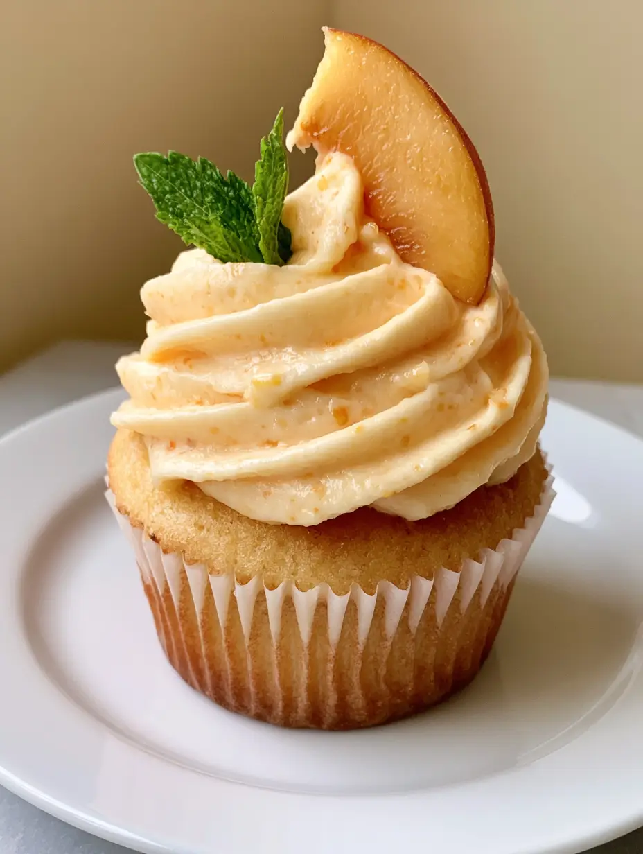 Close-up of Peach Cupcakes showing the golden-brown base and minute fruit flecks in the frosting.
