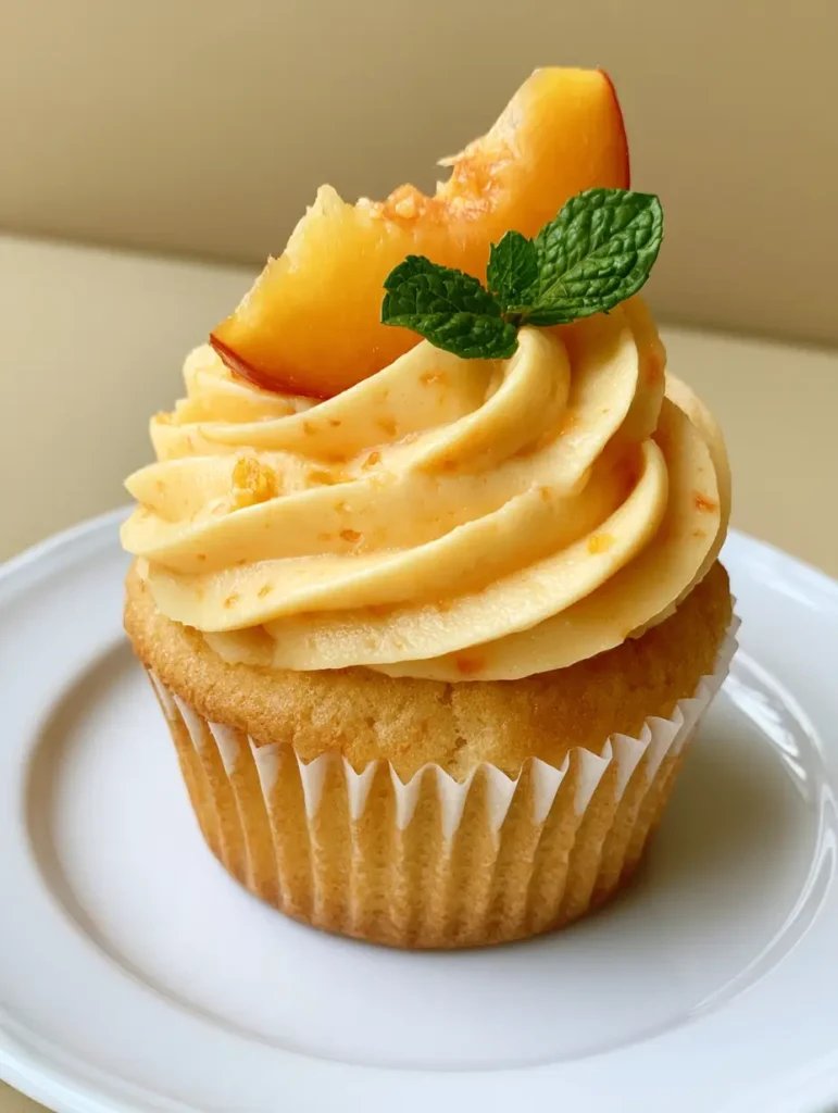 Top view of Peach Cupcakes decorated with fresh crescent peach slices and vibrant green mint.