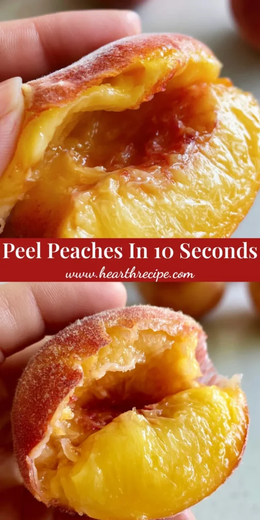 Close-up of a hand peeling a ripe peach, showing how to peel peaches with the skin curling away to reveal golden flesh.