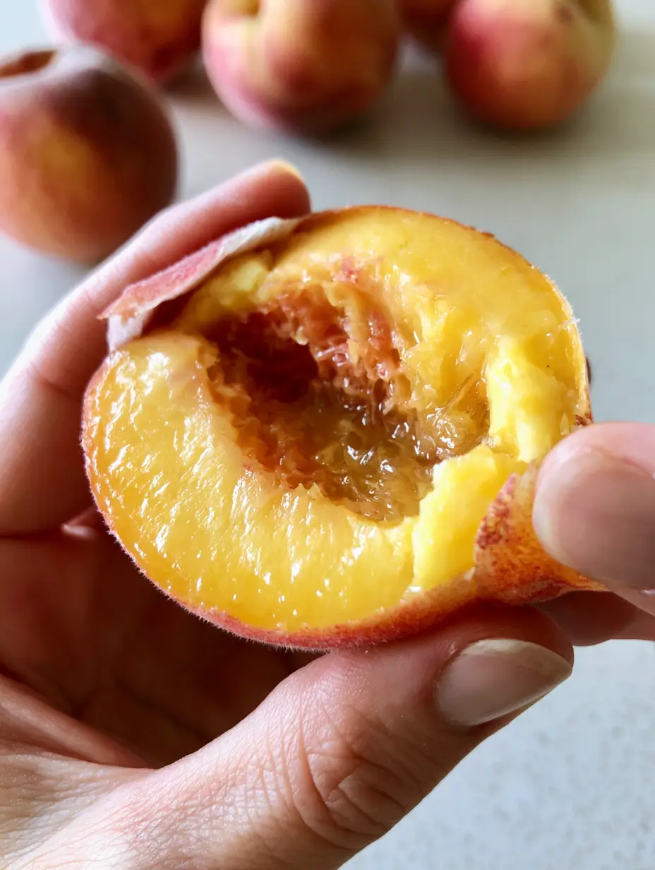 A close-up shot of a ripe, fuzzy orange and red peach being peeled by hand. (How to peel peaches)