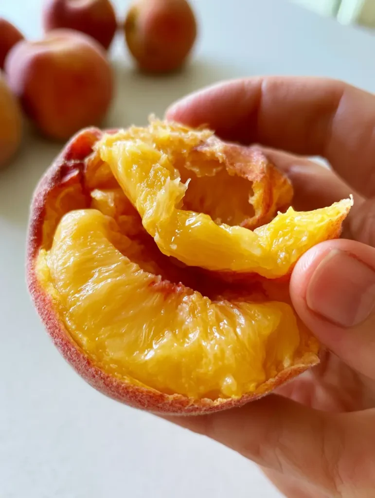 Glistening golden peach flesh being revealed as the skin is pulled back.