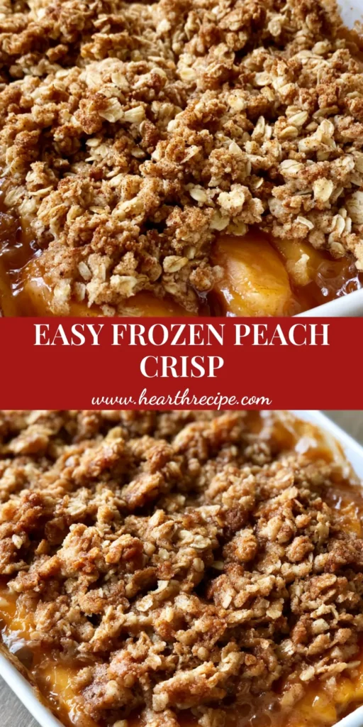A close-up of Southern Peach Crisp in a white ceramic dish featuring golden-brown oat crumble and bubbling amber syrup.