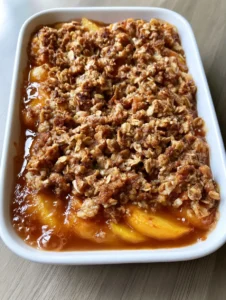 Smartphone photo of a fresh Southern Peach Crisp with toasted rolled oats and bubbling fruit syrup.
