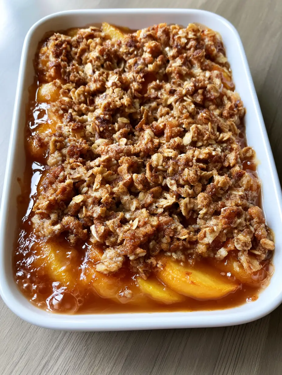 Smartphone photo of a fresh Southern Peach Crisp with toasted rolled oats and bubbling fruit syrup.