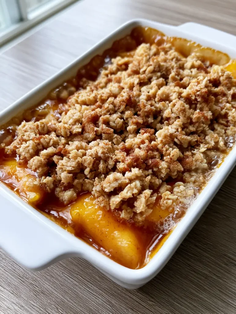 Overhead view of a Southern Peach Crisp showing the chunky brown sugar crumble and golden-brown finish.