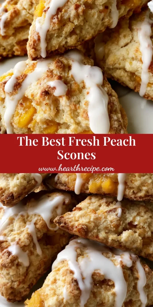 A stack of golden-brown triangular peach scones with visible fruit chunks and a heavy white vanilla glaze on a white plate. (Peach Scones Recipe)