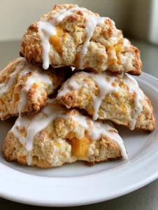 Close-up handheld photo of crumbly peach scones featuring orange-yellow peach chunks and a dripping white sugar glaze. (Peach Scones Recipe)