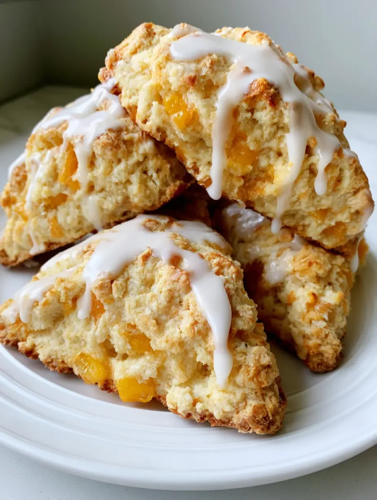 A pile of golden-brown triangular peach scones showing a crumbly, buttery texture and coarse sugar crust.