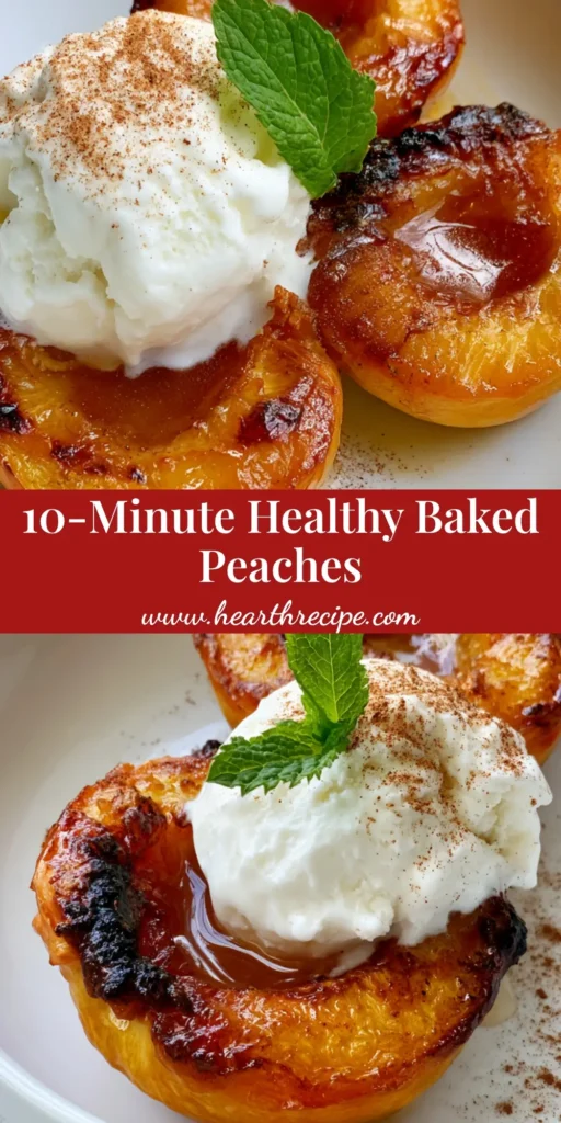 A top-down view of two caramelized peach halves with a melting scoop of vanilla ice cream and mint. (Baked Peaches Recipe)