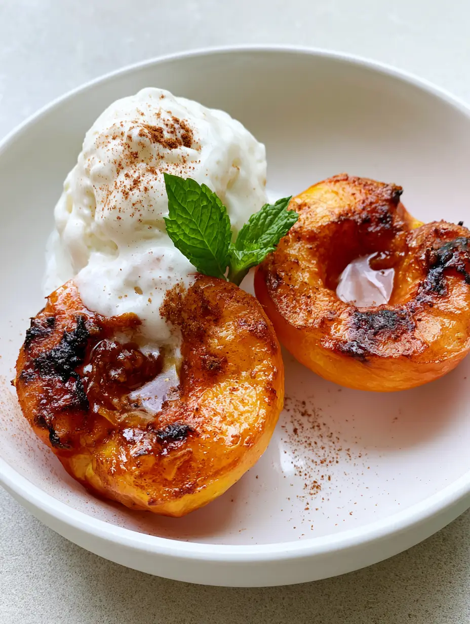 Two halved peaches baked until soft and caramelized with charred edges and a deep golden orange hue. (Baked Peaches Recipe)
